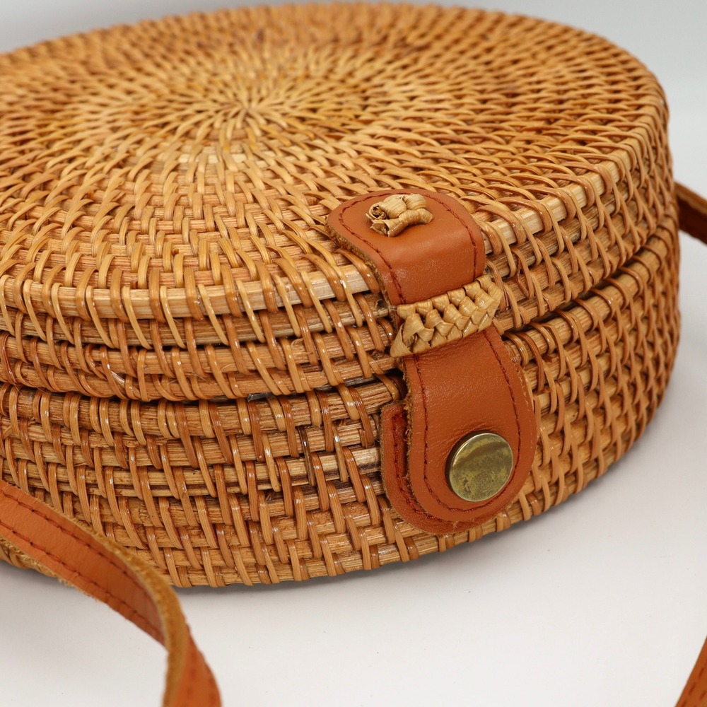 Rattan Crossbody Bag Circular Women Woven Floral Lining Boho Summer Beach Purse - Picture 3 of 9